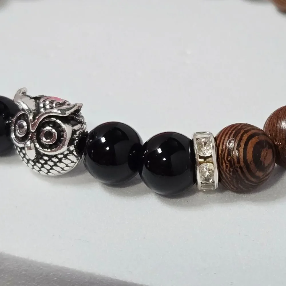 Vintage Owl Beaded Stretch Bracelet | Wood & Stone Boho Wisdom Gift Jewelry